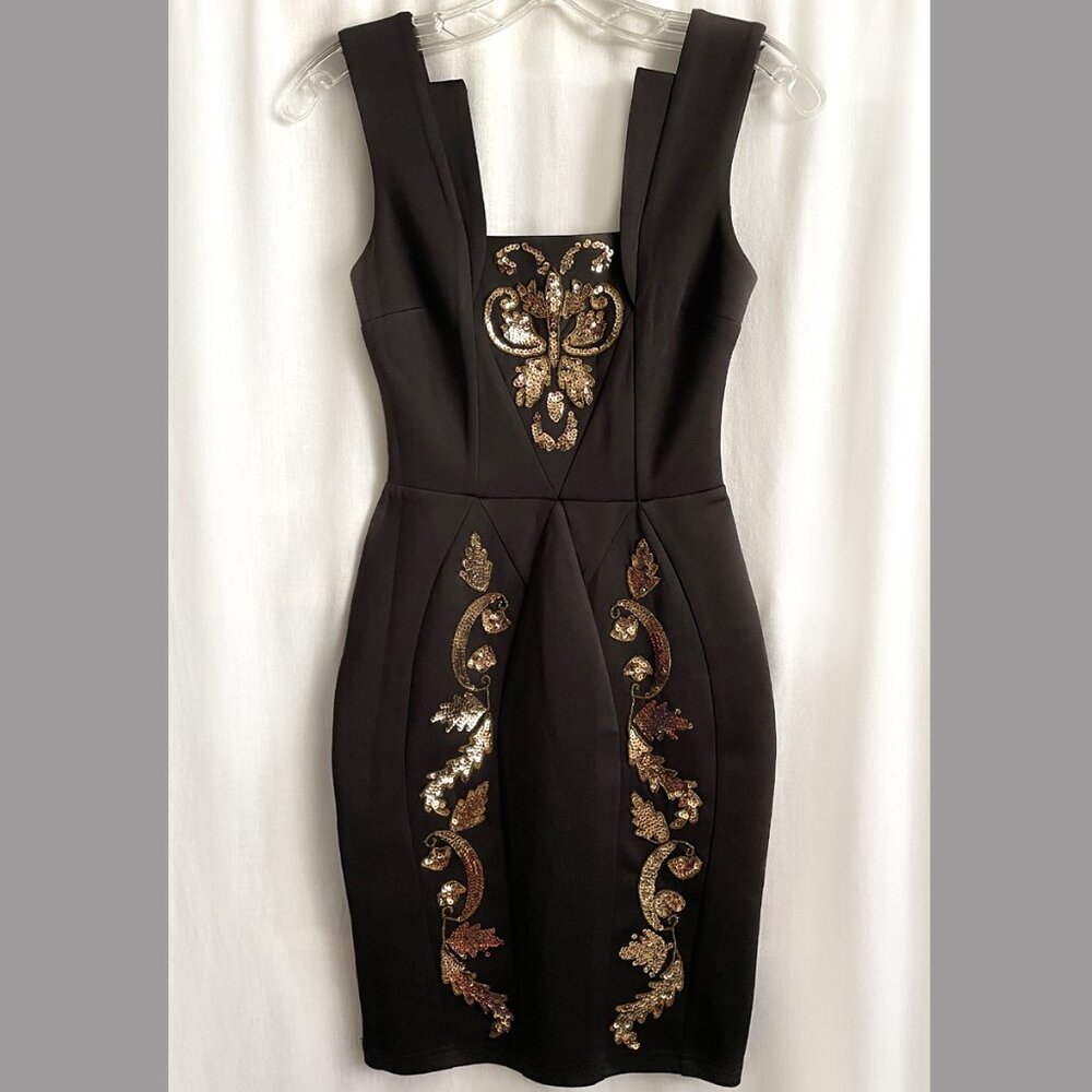 Mini dress, black with gold sequin & bead embroidery, size 2 bodycon, sleeveless
